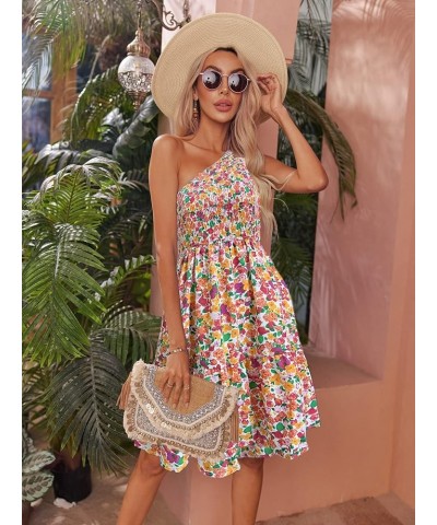 Womens 2024 Floral Summer Dress One Shoulder Sundresses Boho Ruffle Beach Mini Dresses 02 Floral White Red $22.09 Dresses