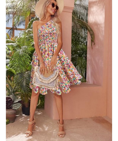 Womens 2024 Floral Summer Dress One Shoulder Sundresses Boho Ruffle Beach Mini Dresses 02 Floral White Red $22.09 Dresses