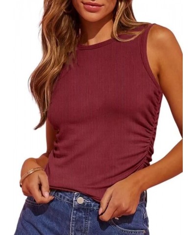 Tank Top for Women Basic Side Ruched Sleeveless Hem Loose Solid Color Summer Tops Wine Red $10.39 Tops