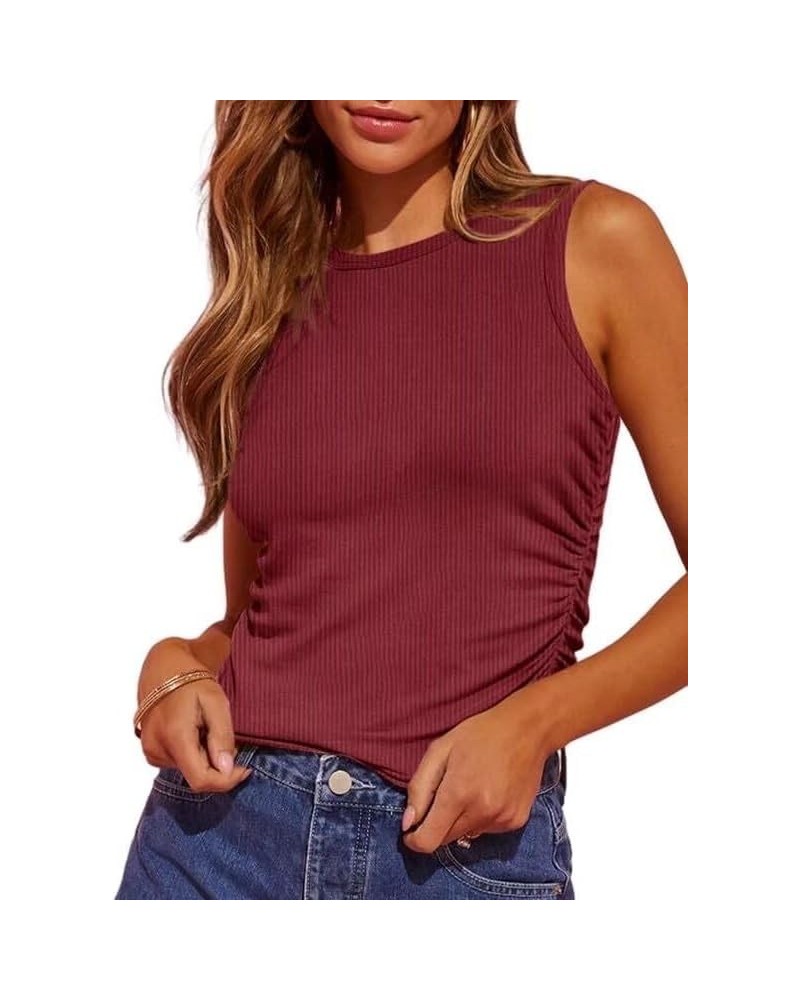 Tank Top for Women Basic Side Ruched Sleeveless Hem Loose Solid Color Summer Tops Wine Red $10.39 Tops