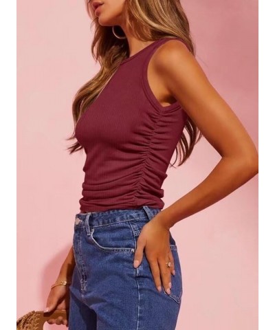 Tank Top for Women Basic Side Ruched Sleeveless Hem Loose Solid Color Summer Tops Wine Red $10.39 Tops