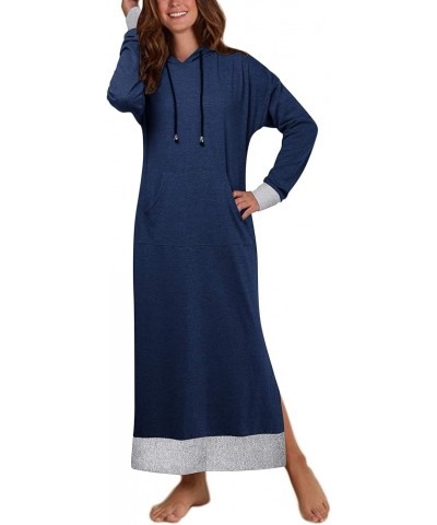 Women's Long Sleeve Solid Loose Hooded Sweatshirt Maxi Dress with Pocket Navy $16.66 Hoodies & Sweatshirts