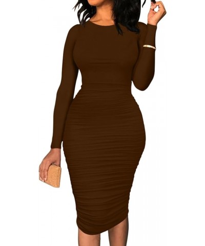 Women's Ruched Long Sleeve Elegant Bodycon Basic Casual Midi Dress Brown $15.75 Dresses