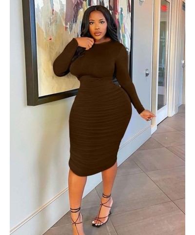 Women's Ruched Long Sleeve Elegant Bodycon Basic Casual Midi Dress Brown $15.75 Dresses