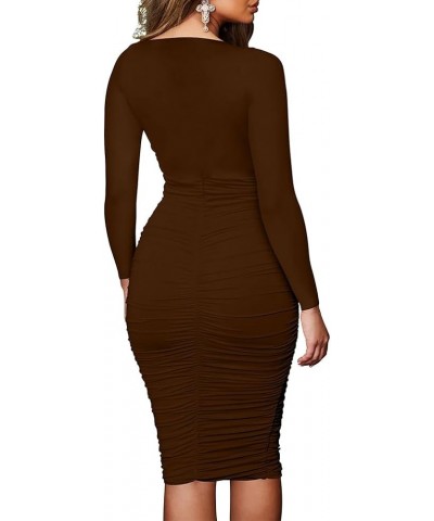 Women's Ruched Long Sleeve Elegant Bodycon Basic Casual Midi Dress Brown $15.75 Dresses