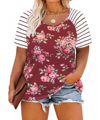 Plus Size Tops for Women 3X Flower Print Blouse Short Sleeve Striped Raglan Shirt Casusal Tops Floral Wine Red 3X 22W 24W $13...