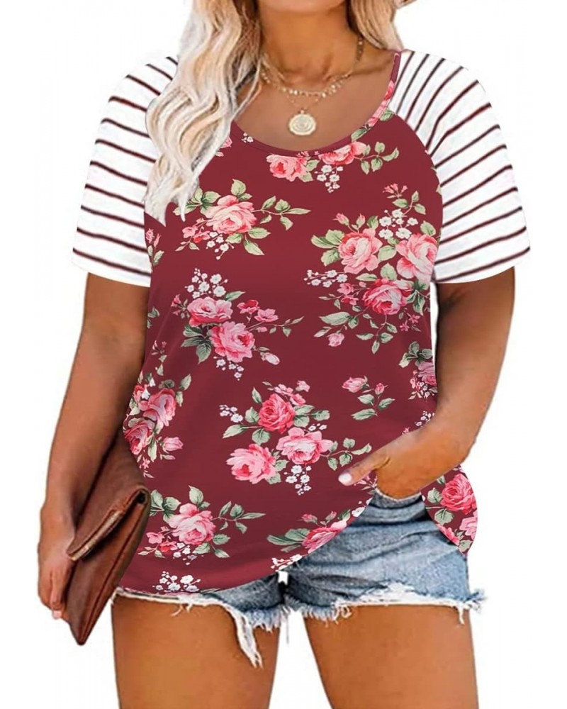 Plus Size Tops for Women 3X Flower Print Blouse Short Sleeve Striped Raglan Shirt Casusal Tops Floral Wine Red 3X 22W 24W $13...