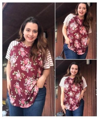 Plus Size Tops for Women 3X Flower Print Blouse Short Sleeve Striped Raglan Shirt Casusal Tops Floral Wine Red 3X 22W 24W $13...