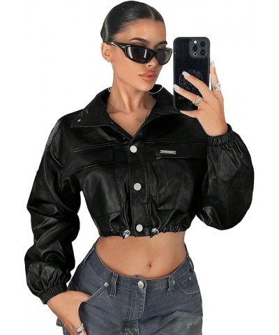 Women's Flap Front Button Down Pu Leather Coat Long Sleeve Collar Crop Jacket Black $26.84 Coats