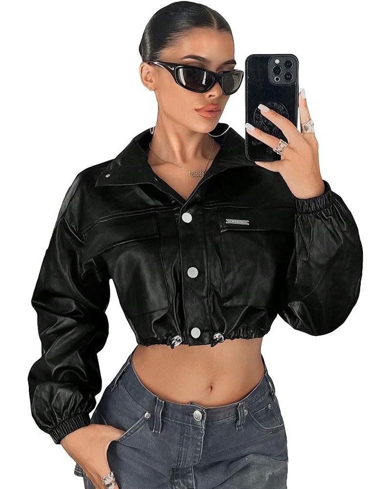 Women's Flap Front Button Down Pu Leather Coat Long Sleeve Collar Crop Jacket Black $26.84 Coats