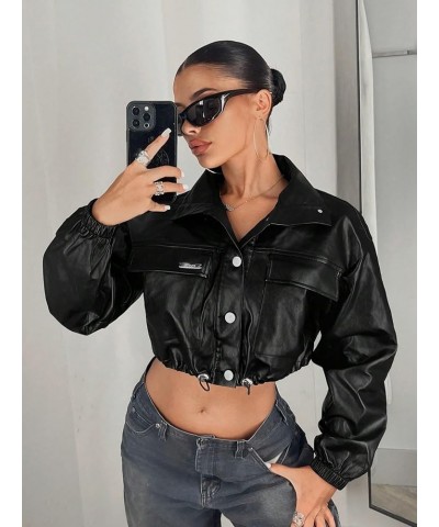 Women's Flap Front Button Down Pu Leather Coat Long Sleeve Collar Crop Jacket Black $26.84 Coats