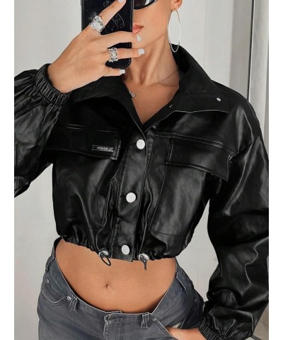 Women's Flap Front Button Down Pu Leather Coat Long Sleeve Collar Crop Jacket Black $26.84 Coats