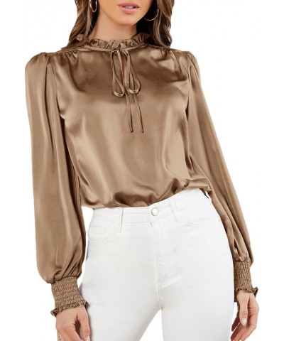 Women's Elegant Tie Neck Long Sleeve Shirred Cuff Satin Blouse Top Khaki $19.03 Blouses