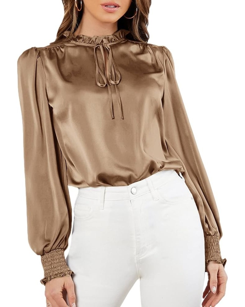 Women's Elegant Tie Neck Long Sleeve Shirred Cuff Satin Blouse Top Khaki $19.03 Blouses