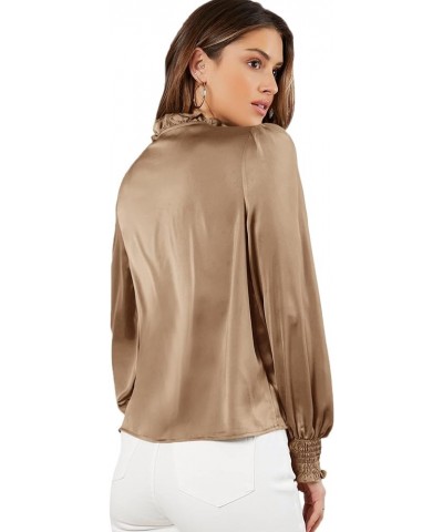 Women's Elegant Tie Neck Long Sleeve Shirred Cuff Satin Blouse Top Khaki $19.03 Blouses