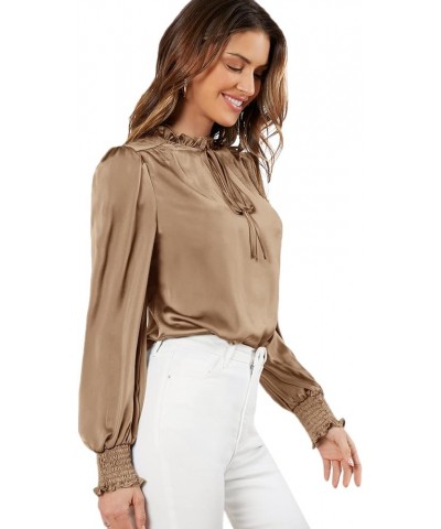 Women's Elegant Tie Neck Long Sleeve Shirred Cuff Satin Blouse Top Khaki $19.03 Blouses