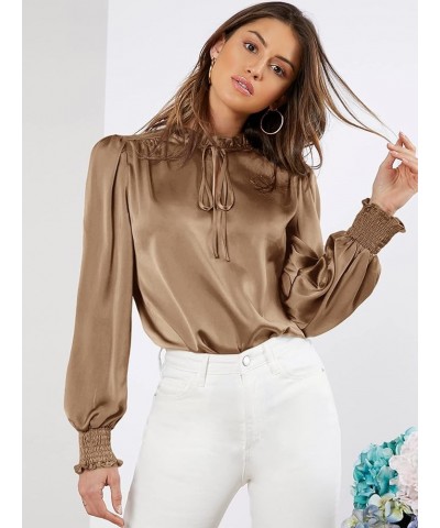 Women's Elegant Tie Neck Long Sleeve Shirred Cuff Satin Blouse Top Khaki $19.03 Blouses