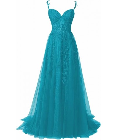 Tulle Prom Dresses 2024 Lace Appliques Evening Party Dresses Long Ball Gown for Women Cocktail with Slit Aqua $35.75 Dresses