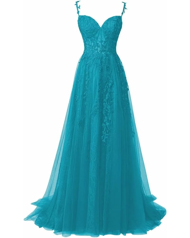 Tulle Prom Dresses 2024 Lace Appliques Evening Party Dresses Long Ball Gown for Women Cocktail with Slit Aqua $35.75 Dresses