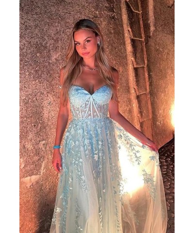 Tulle Prom Dresses 2024 Lace Appliques Evening Party Dresses Long Ball Gown for Women Cocktail with Slit Aqua $35.75 Dresses