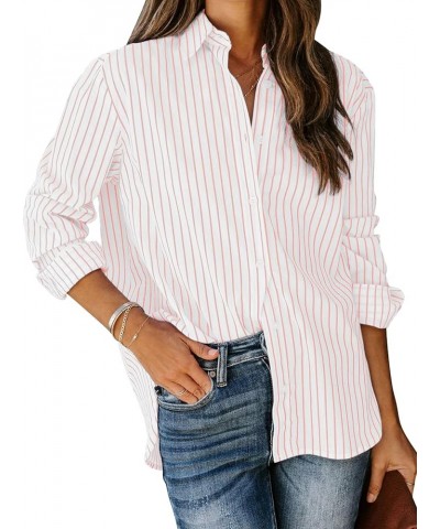 Womens Button Down Shirts Cotton Striped Dress Shirt Long Sleeve Collared Office Work Blouses Tops Light Pink and White $16.2...