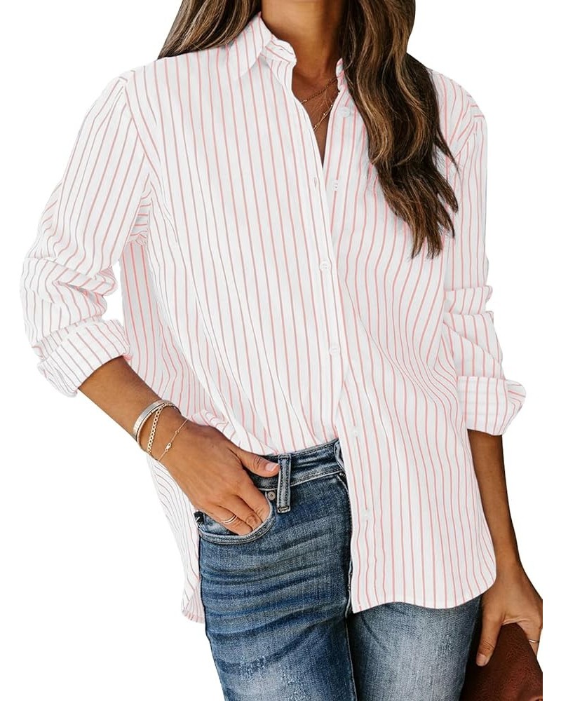 Womens Button Down Shirts Cotton Striped Dress Shirt Long Sleeve Collared Office Work Blouses Tops Light Pink and White $16.2...