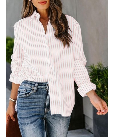 Womens Button Down Shirts Cotton Striped Dress Shirt Long Sleeve Collared Office Work Blouses Tops Light Pink and White $16.2...