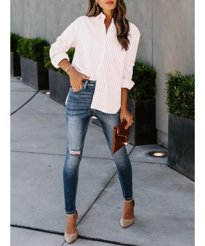 Womens Button Down Shirts Cotton Striped Dress Shirt Long Sleeve Collared Office Work Blouses Tops Light Pink and White $16.2...