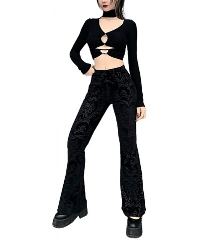 Women's Vintage Goth Velvet Flare Pants Hollow Out Lace Legging Pants High Waist Bell Bottom Trousers Clubwear S-L Black1 $16...