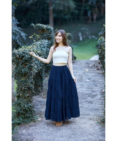 Women's Cotton Long Ruffle Full Circle Long Skirts Maxi Skirt Dark Blue $19.98 Skirts