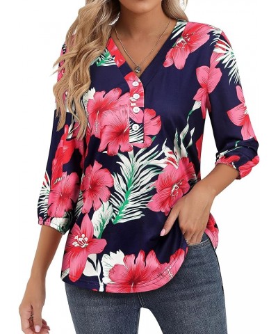 Womens 3/4 Sleeve Hawaiian Shirts V Neck Summer Floral Printed Shirt Casual Buttons Down Soft Tunic Tops Blue $10.59 Tops