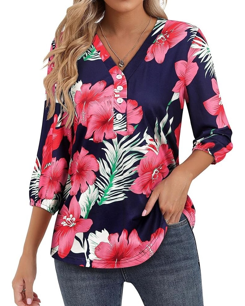 Womens 3/4 Sleeve Hawaiian Shirts V Neck Summer Floral Printed Shirt Casual Buttons Down Soft Tunic Tops Blue $10.59 Tops