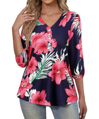 Womens 3/4 Sleeve Hawaiian Shirts V Neck Summer Floral Printed Shirt Casual Buttons Down Soft Tunic Tops Blue $10.59 Tops