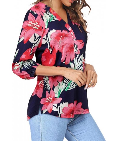 Womens 3/4 Sleeve Hawaiian Shirts V Neck Summer Floral Printed Shirt Casual Buttons Down Soft Tunic Tops Blue $10.59 Tops