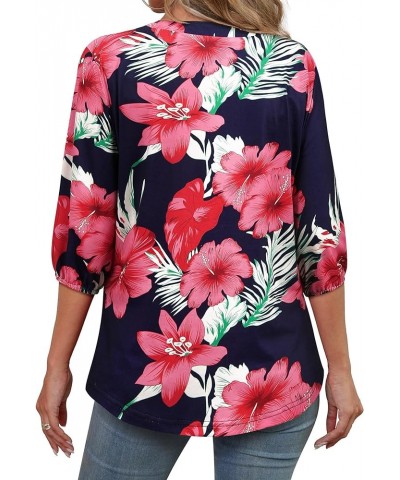 Womens 3/4 Sleeve Hawaiian Shirts V Neck Summer Floral Printed Shirt Casual Buttons Down Soft Tunic Tops Blue $10.59 Tops