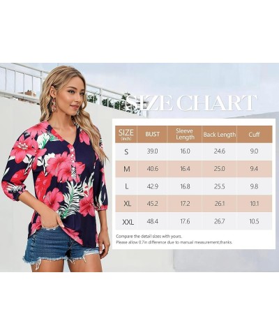 Womens 3/4 Sleeve Hawaiian Shirts V Neck Summer Floral Printed Shirt Casual Buttons Down Soft Tunic Tops Blue $10.59 Tops