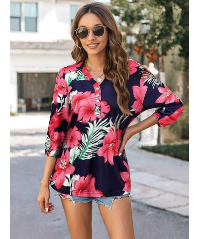 Womens 3/4 Sleeve Hawaiian Shirts V Neck Summer Floral Printed Shirt Casual Buttons Down Soft Tunic Tops Blue $10.59 Tops