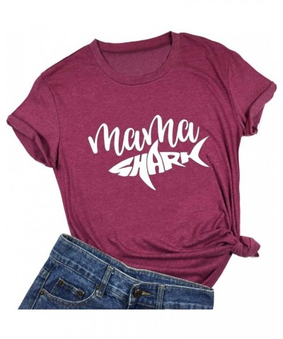 Mama Shark T Shirt Womens Funny Short Sleeve Letter Print Graphic Cute Tops Tees Red $13.19 T-Shirts