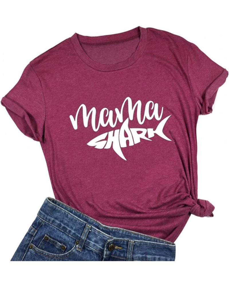 Mama Shark T Shirt Womens Funny Short Sleeve Letter Print Graphic Cute Tops Tees Red $13.19 T-Shirts