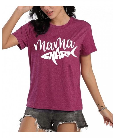 Mama Shark T Shirt Womens Funny Short Sleeve Letter Print Graphic Cute Tops Tees Red $13.19 T-Shirts