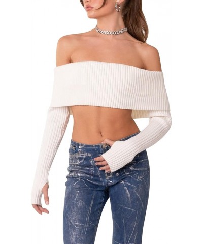 Off The Shoulder Sweater for Women Sexy Long Sleeve Knit Pullover Jumper Slim Fit Crop Tube Top One Shoulder Shirts Tube Whit...