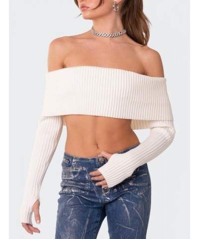 Off The Shoulder Sweater for Women Sexy Long Sleeve Knit Pullover Jumper Slim Fit Crop Tube Top One Shoulder Shirts Tube Whit...