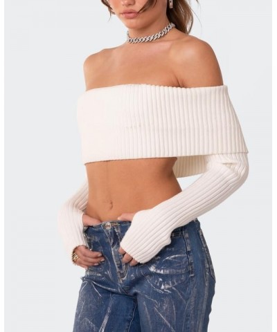 Off The Shoulder Sweater for Women Sexy Long Sleeve Knit Pullover Jumper Slim Fit Crop Tube Top One Shoulder Shirts Tube Whit...