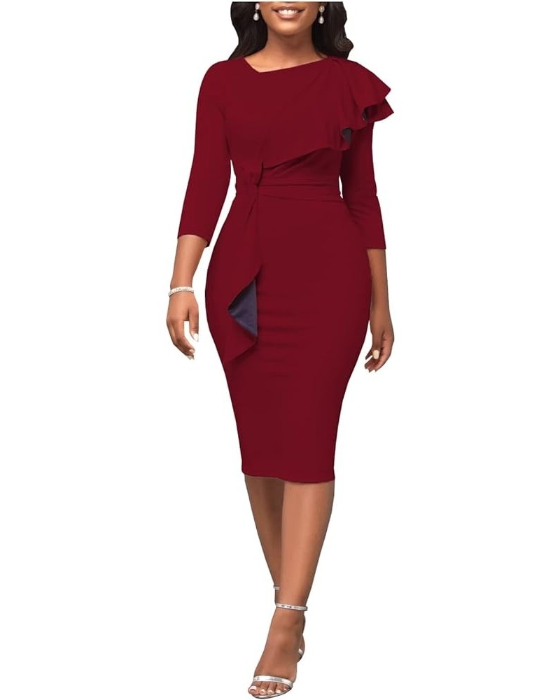 Church Dresses for Women 3/4 Sleeve Ruffle Vintage Bodycon Cocktail Work Midi Pencil Dress 7492 Winered $11.00 Dresses