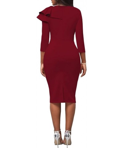 Church Dresses for Women 3/4 Sleeve Ruffle Vintage Bodycon Cocktail Work Midi Pencil Dress 7492 Winered $11.00 Dresses