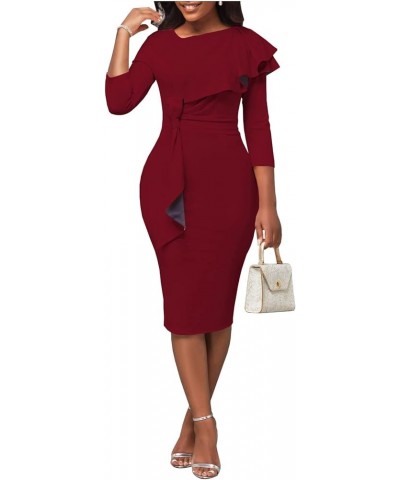 Church Dresses for Women 3/4 Sleeve Ruffle Vintage Bodycon Cocktail Work Midi Pencil Dress 7492 Winered $11.00 Dresses