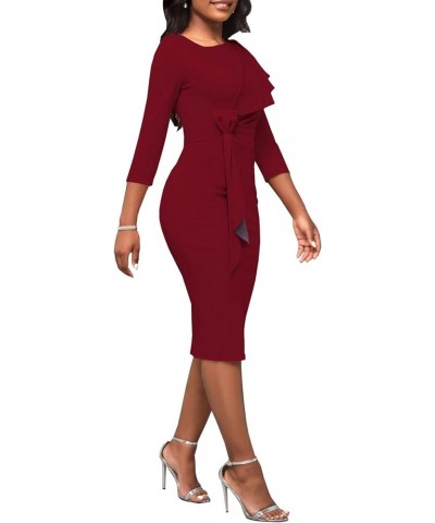 Church Dresses for Women 3/4 Sleeve Ruffle Vintage Bodycon Cocktail Work Midi Pencil Dress 7492 Winered $11.00 Dresses