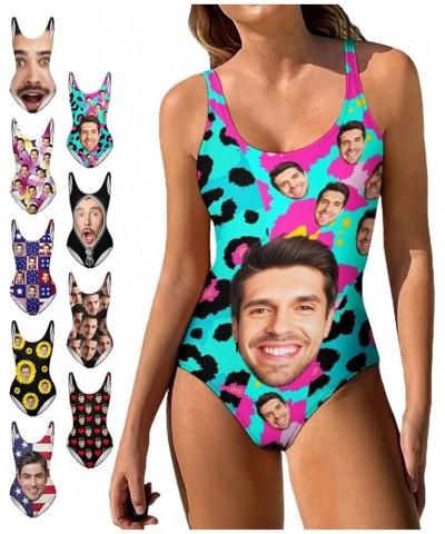 Custom Face Swimsuits for Women One Piece Personalized Funny Bathing Suits with Husbands Faces for Summer Holiday Colored Leo...