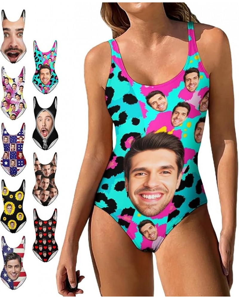 Custom Face Swimsuits for Women One Piece Personalized Funny Bathing Suits with Husbands Faces for Summer Holiday Colored Leo...