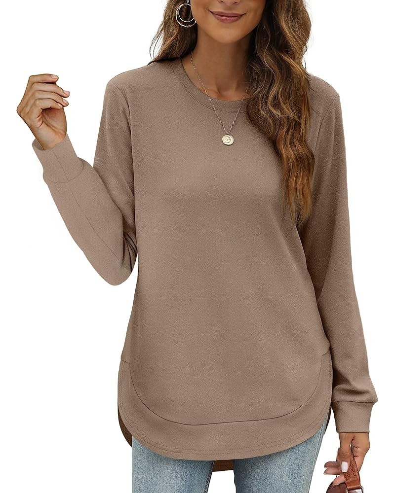 Womens Sweatshirt Crewneck Long Sleeve Shirts for Women High Low Tops Curved Hem Coffee $18.89 Hoodies & Sweatshirts